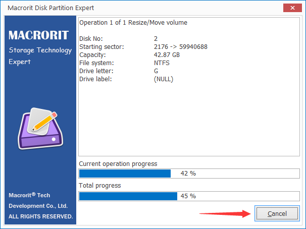 cancel partition disk technology resizing progress loss without data then operation